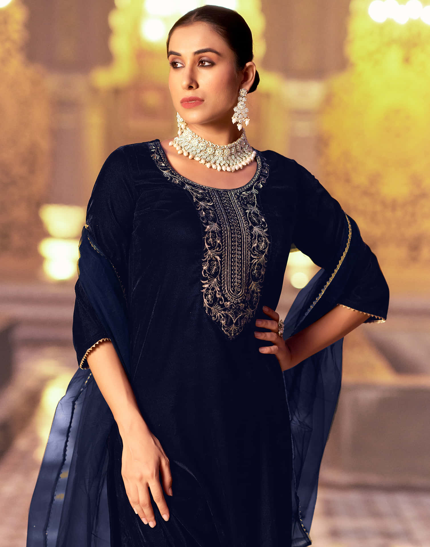 Navy Blue Velvet Sequence Straight Kurta Set With Dupatta