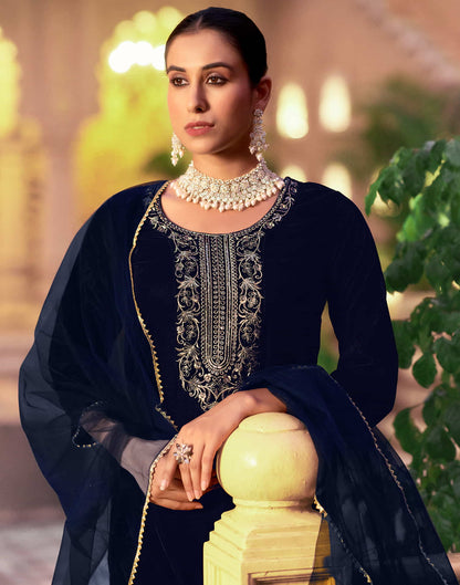 Navy Blue Velvet Sequence Straight Kurta Set With Dupatta