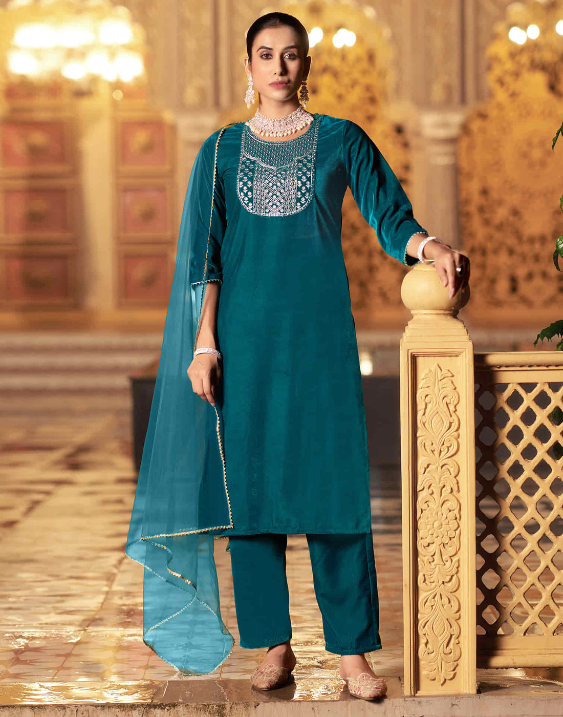 Rama Blue Velvet Sequence Straight Kurta Set With Dupatta