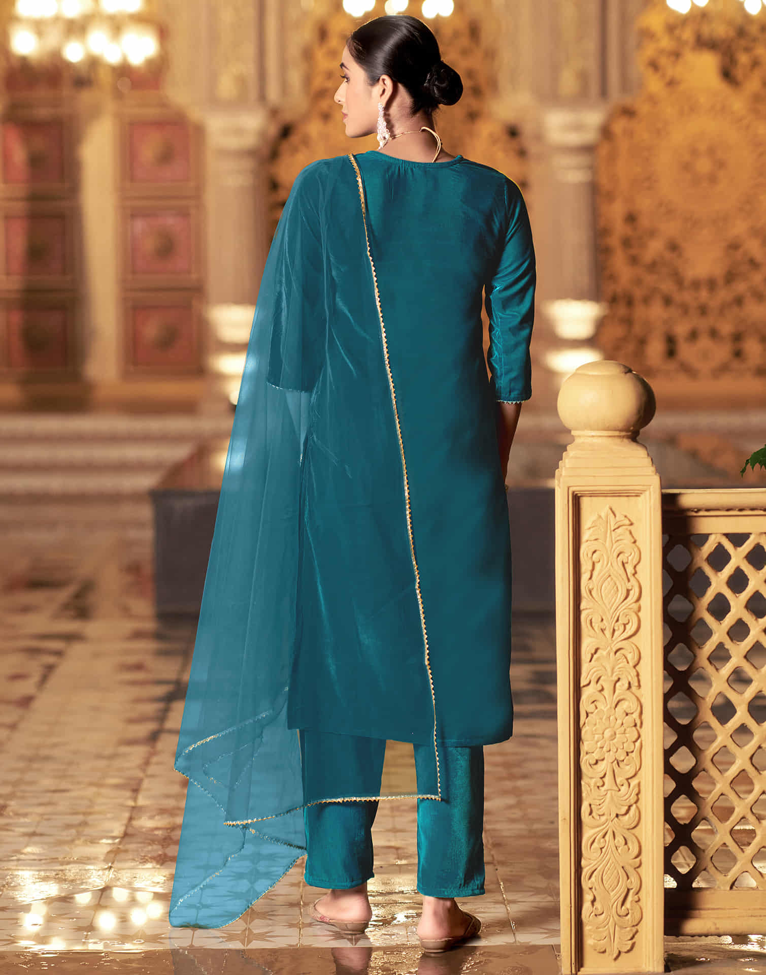 Rama Blue Velvet Sequence Straight Kurta Set With Dupatta