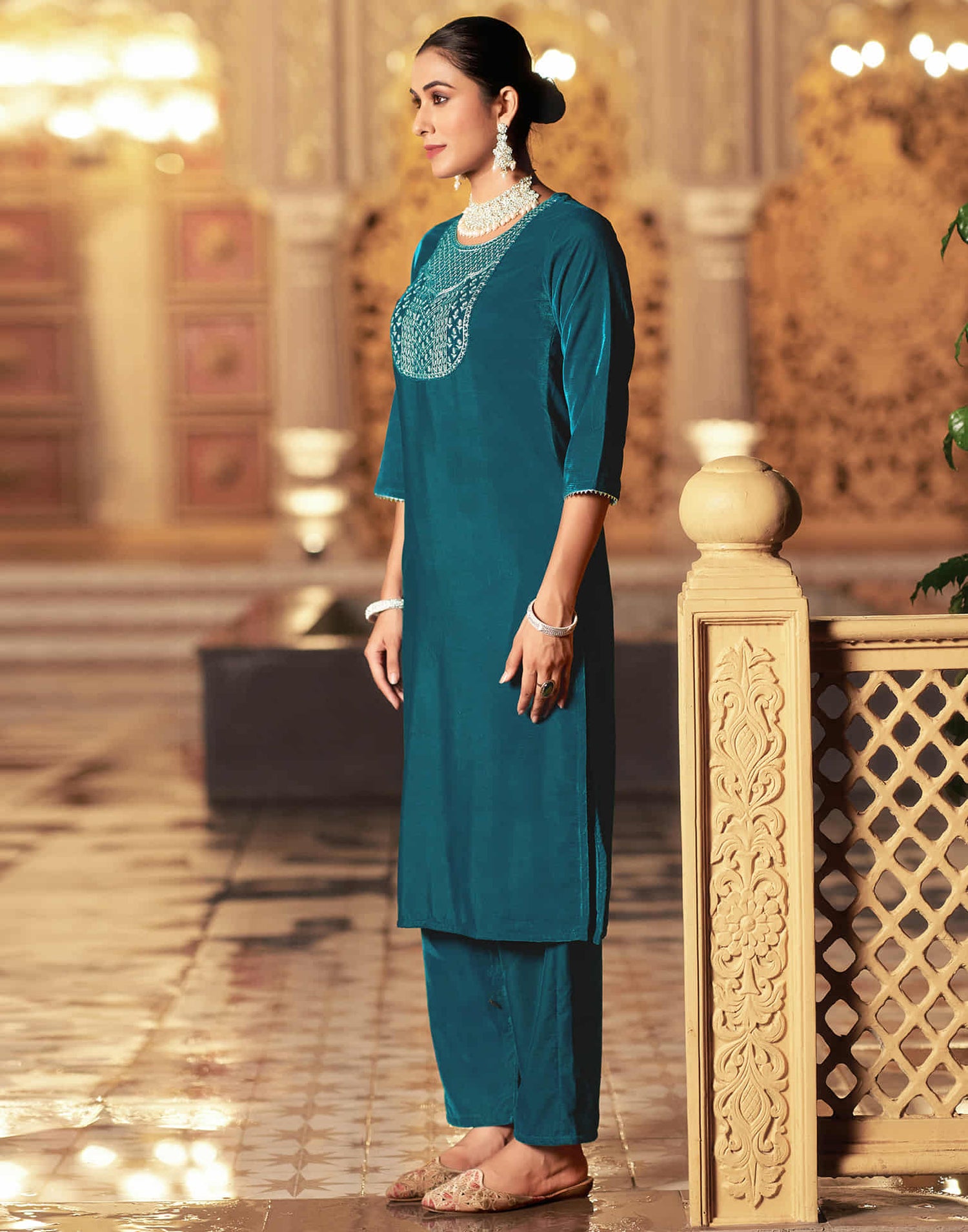 Rama Blue Velvet Sequence Straight Kurta Set With Dupatta