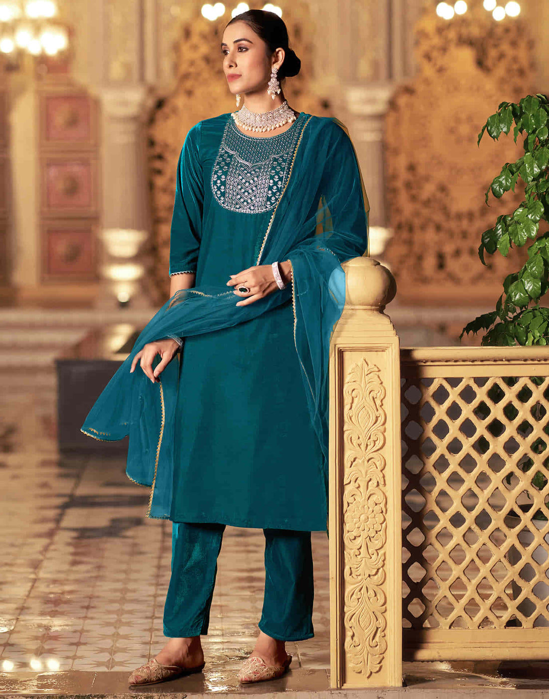 Rama Blue Velvet Sequence Straight Kurta Set With Dupatta