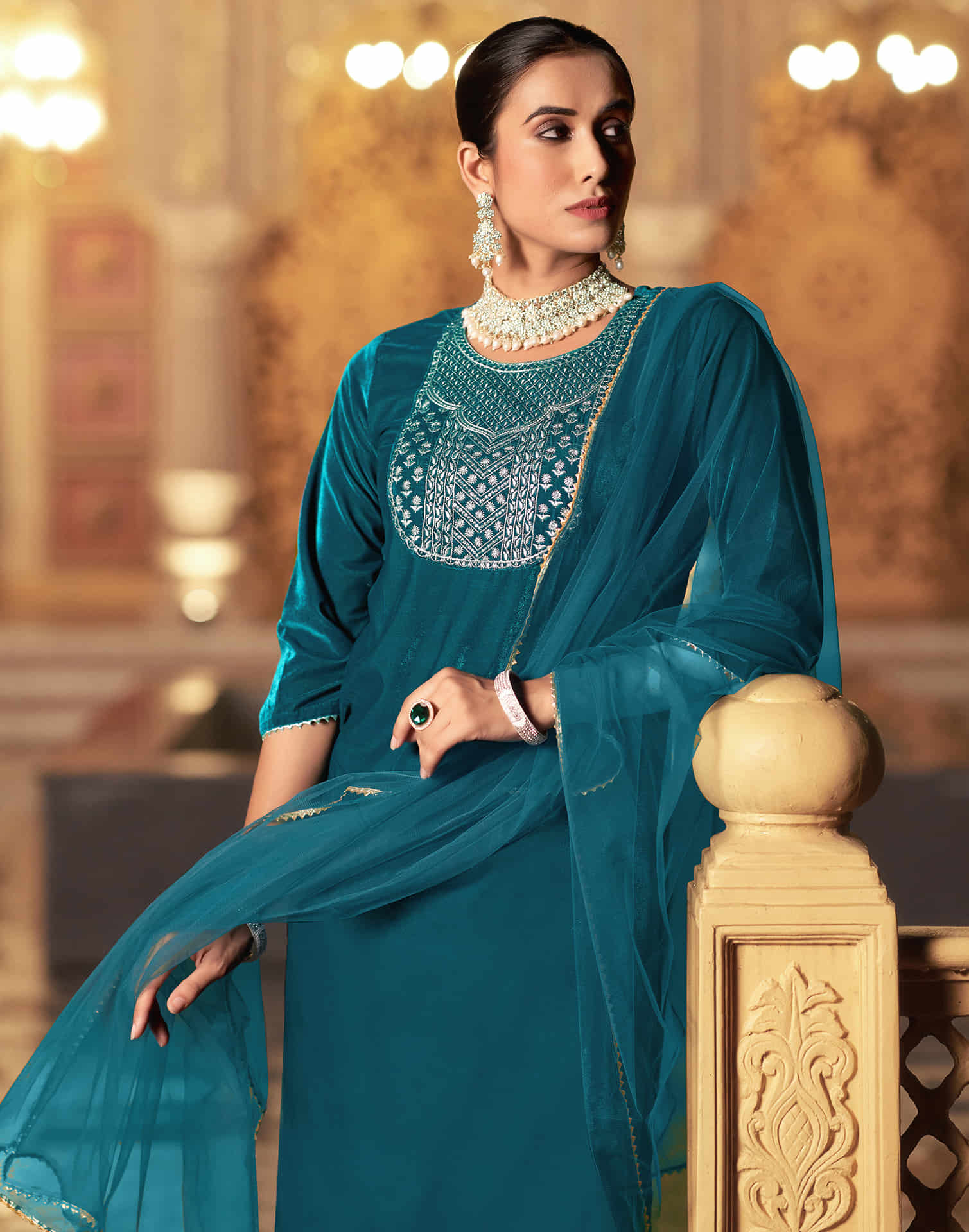 Rama Blue Velvet Sequence Straight Kurta Set With Dupatta