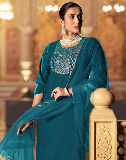 Rama Blue Velvet Sequence Straight Kurta Set With Dupatta