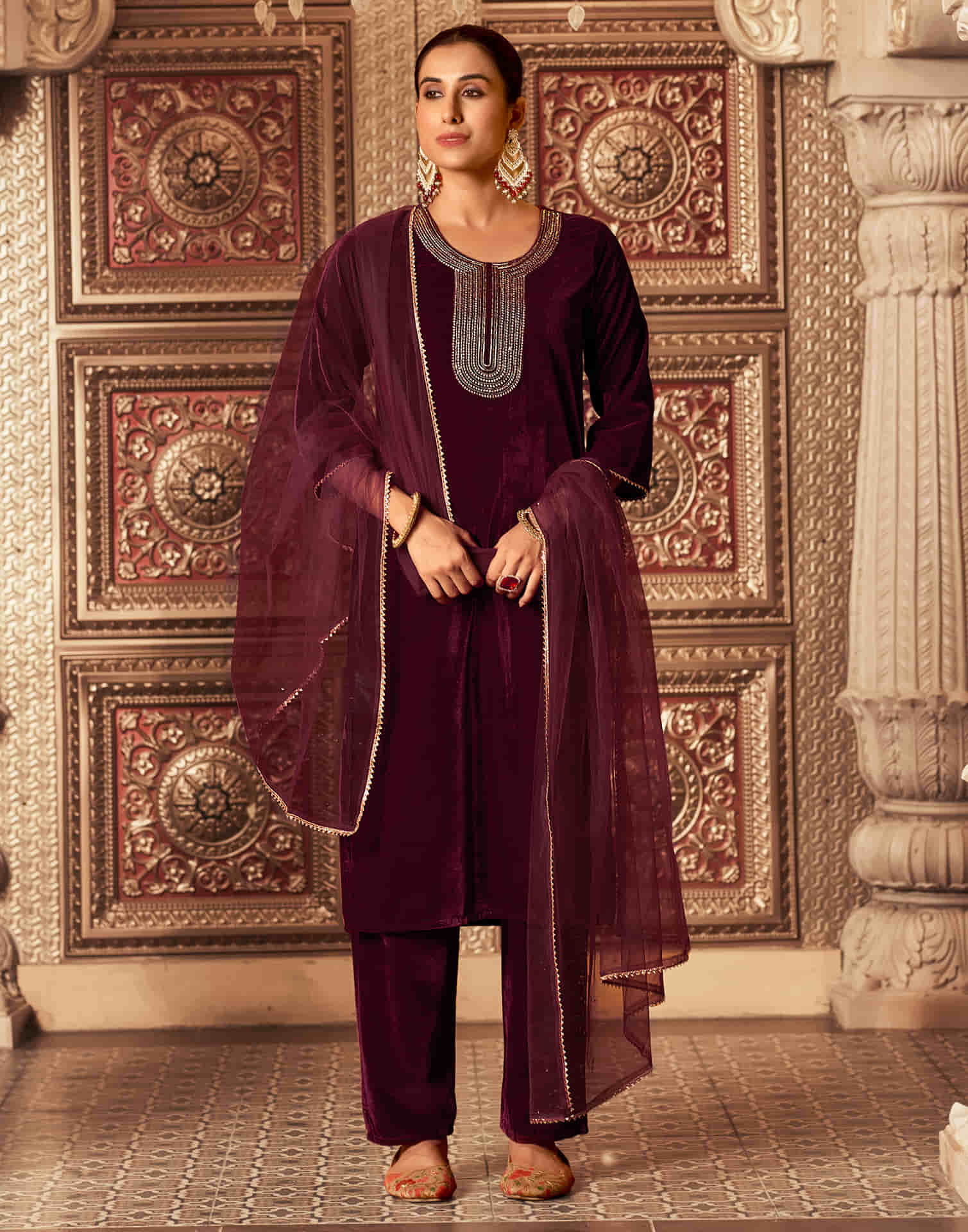 Maroon Velvet Sequence Straight Kurta Set With Dupatta