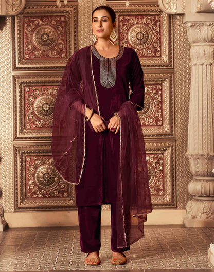 Maroon Velvet Sequence Straight Kurta Set With Dupatta