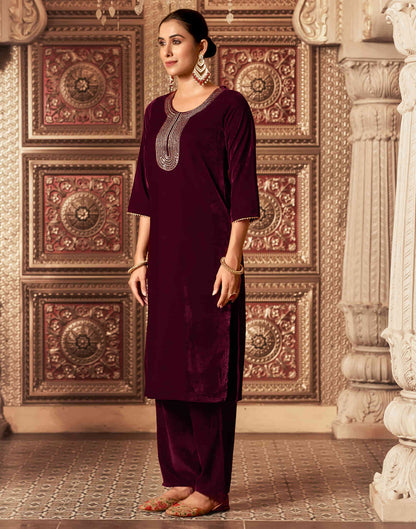 Maroon Velvet Sequence Straight Kurta Set With Dupatta