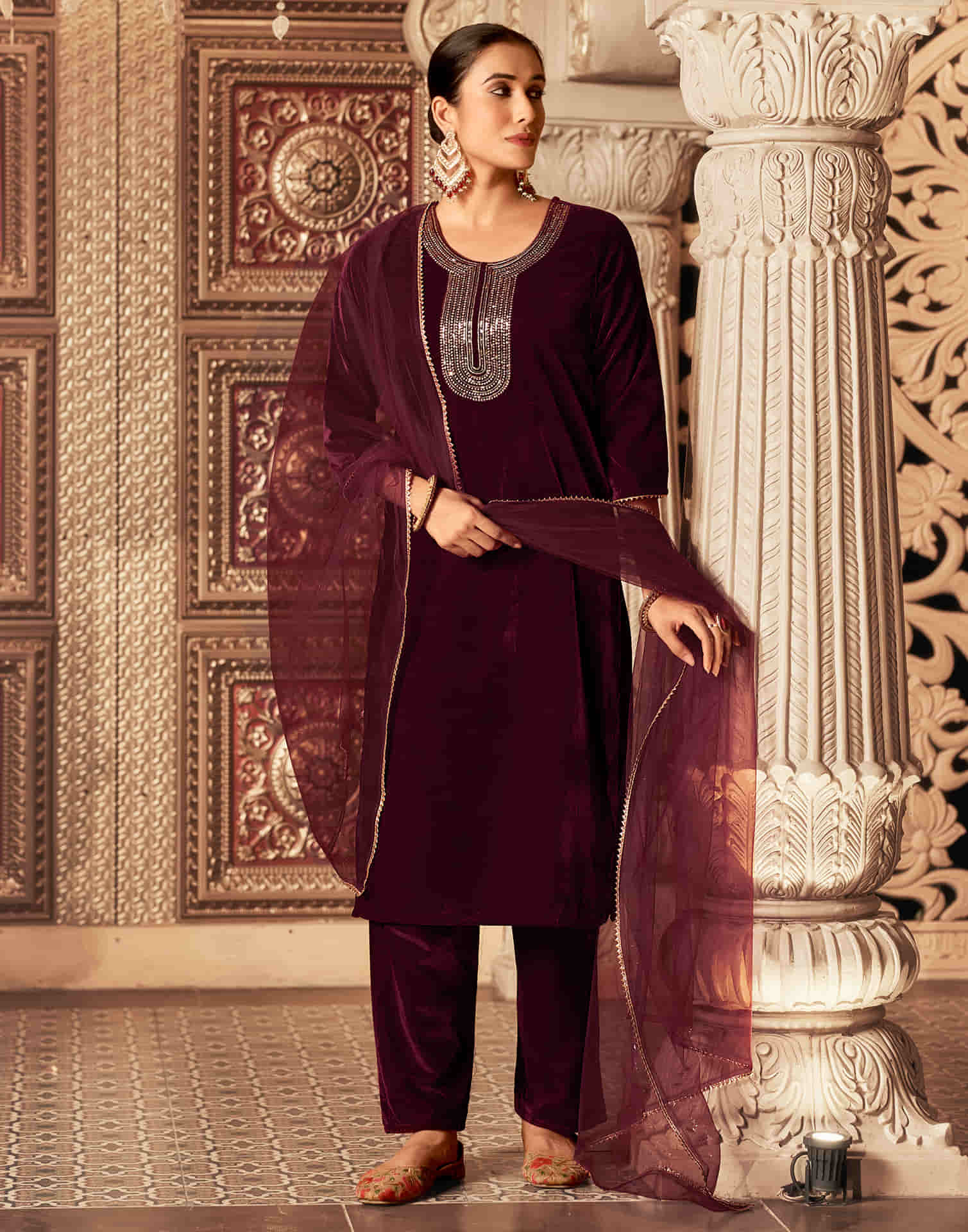 Maroon Velvet Sequence Straight Kurta Set With Dupatta