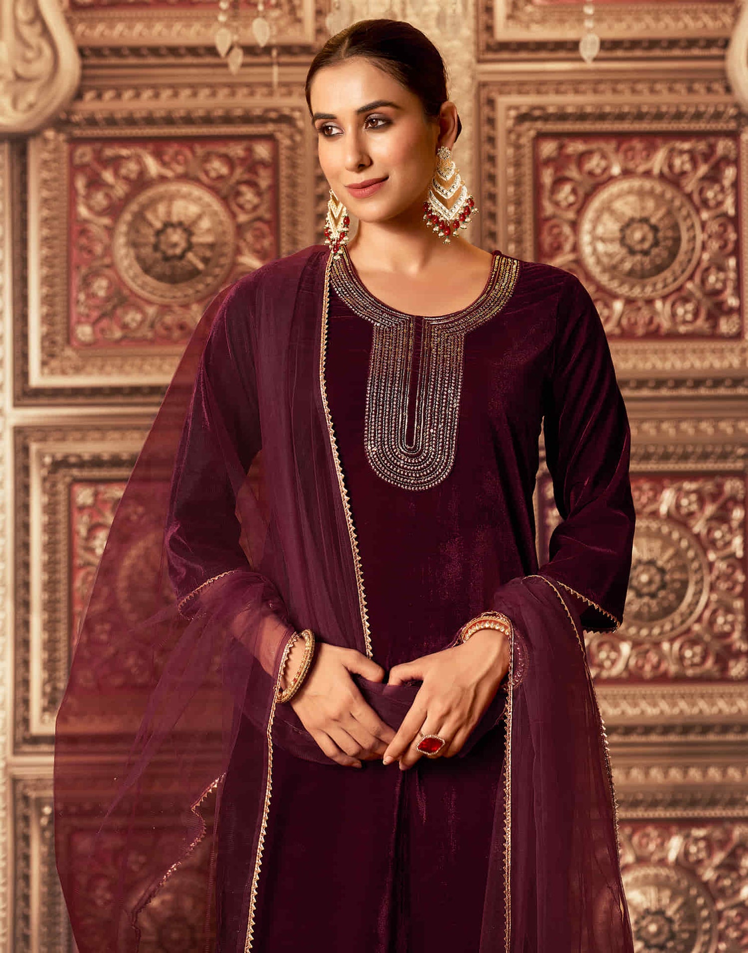 Maroon Velvet Sequence Straight Kurta Set With Dupatta