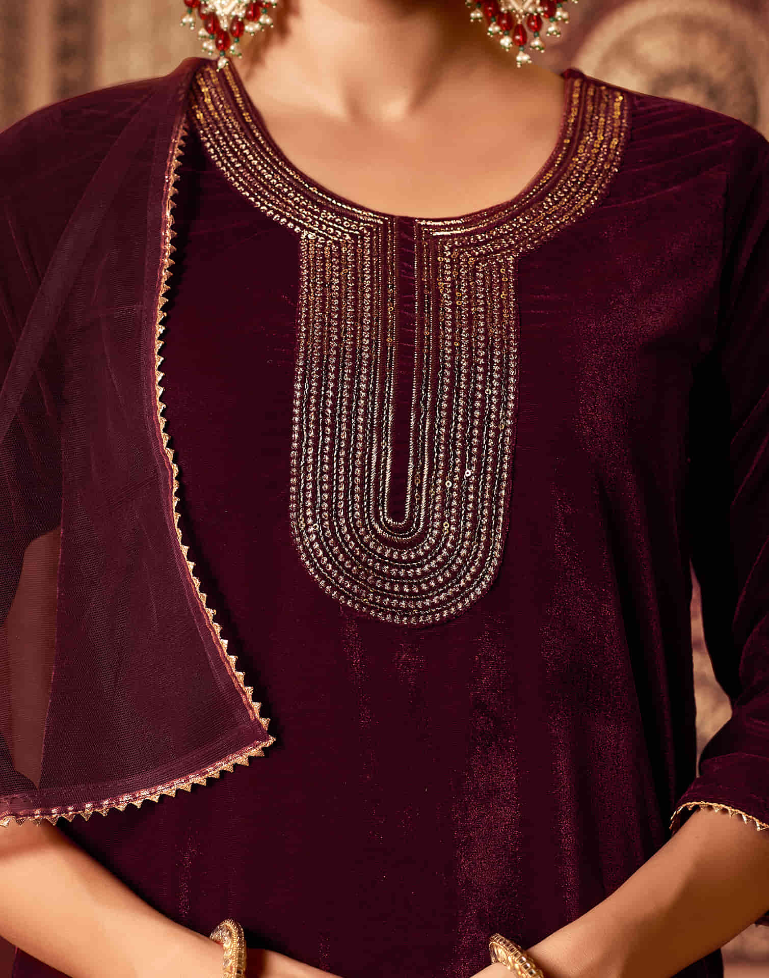 Maroon Velvet Sequence Straight Kurta Set With Dupatta