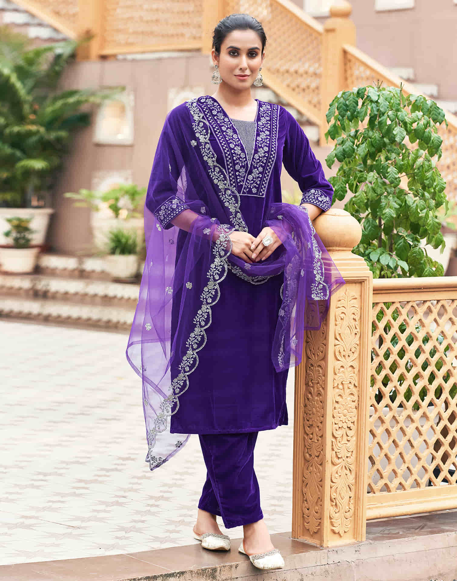 Violet Velvet Sequence Straight Kurta Set with Dupatta