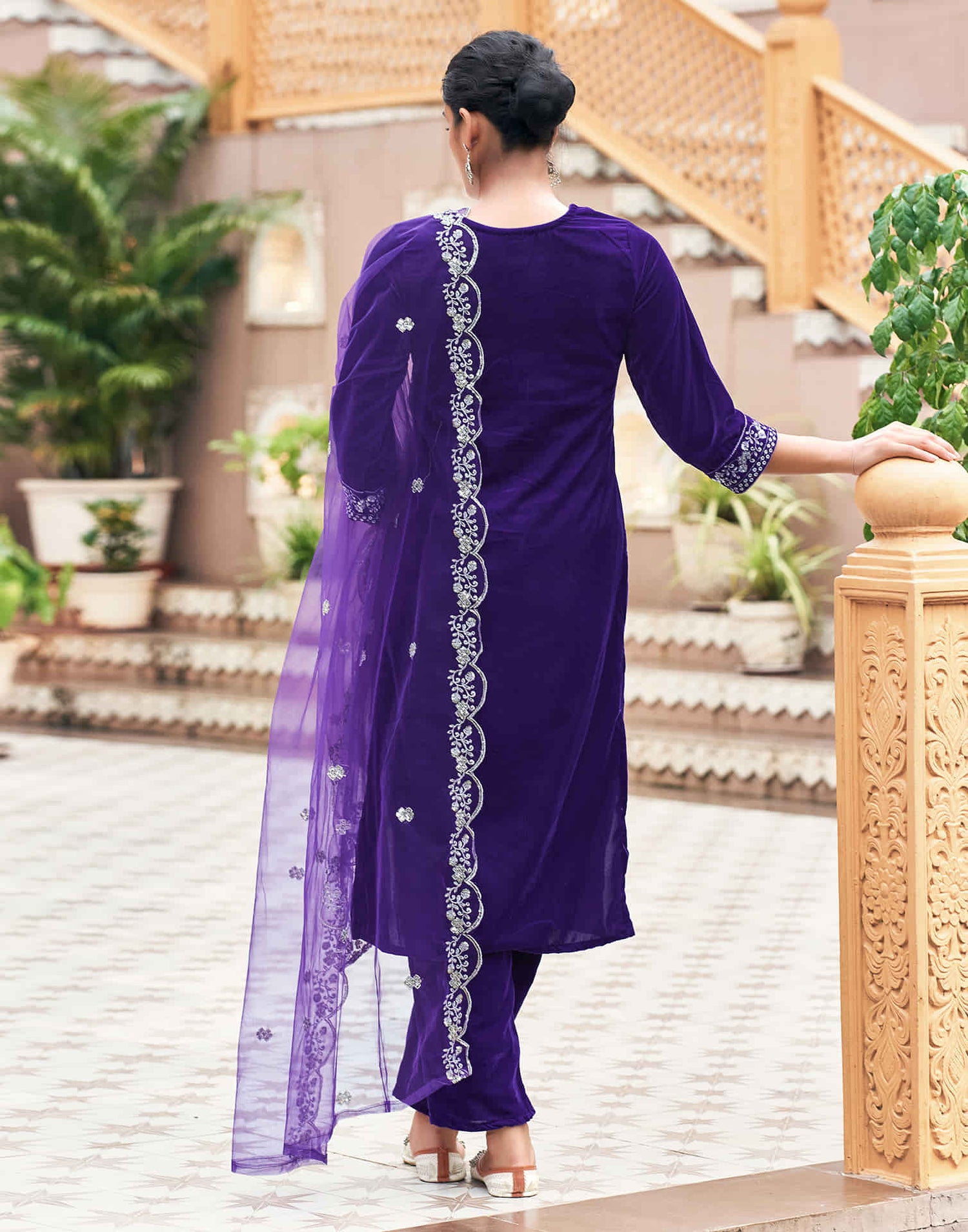 Violet Velvet Sequence Straight Kurta Set with Dupatta