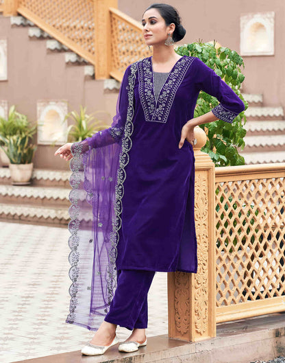 Violet Velvet Sequence Straight Kurta Set with Dupatta