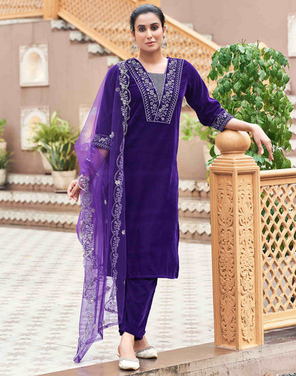 Violet Velvet Sequence Straight Kurta Set with Dupatta