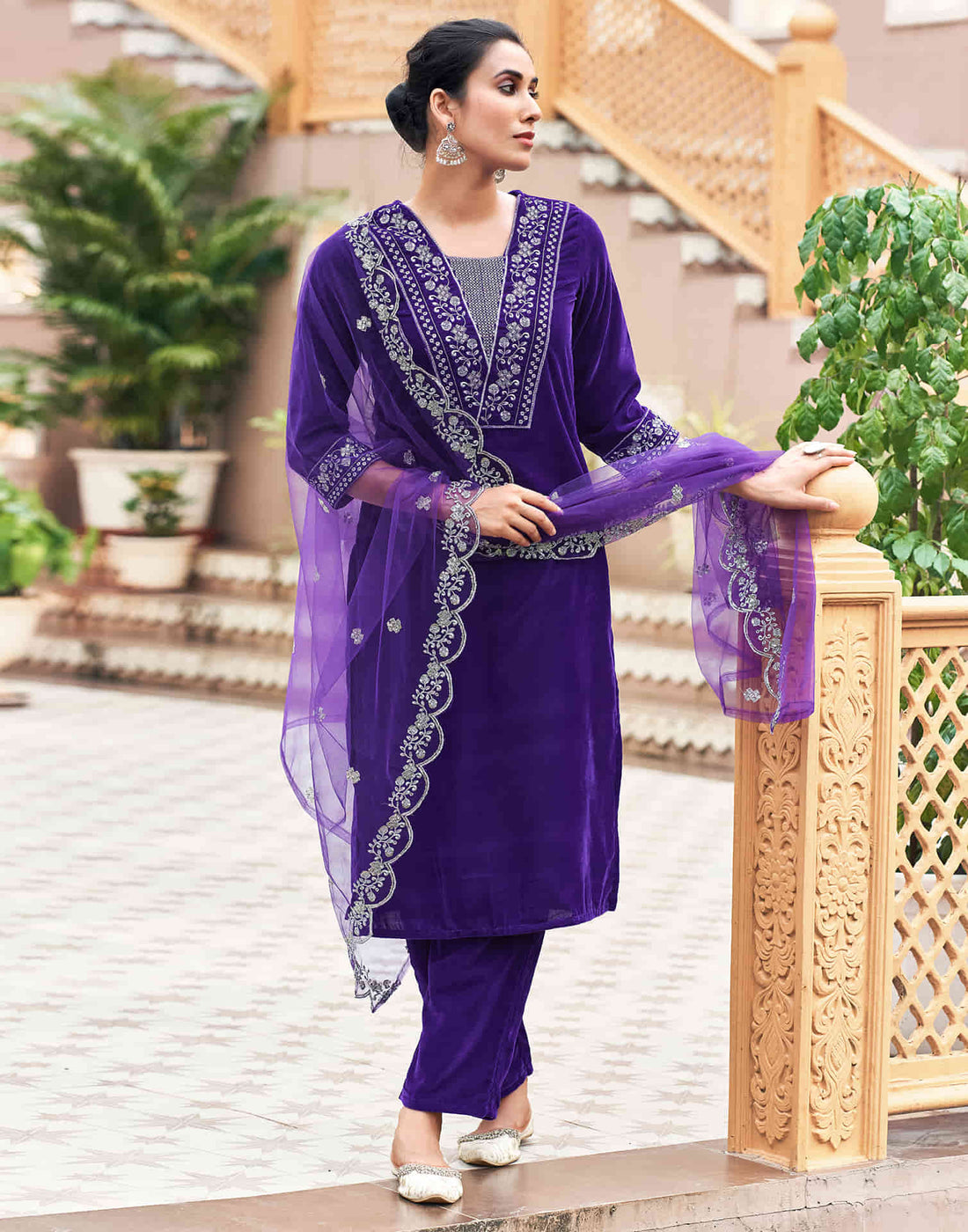 Violet Velvet Sequence Straight Kurta Set with Dupatta