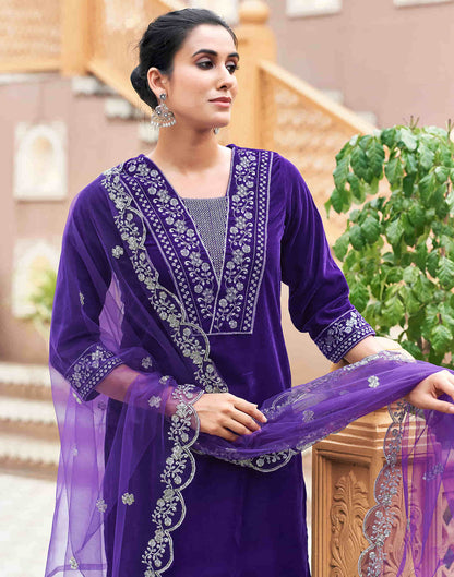 Violet Velvet Sequence Straight Kurta Set with Dupatta