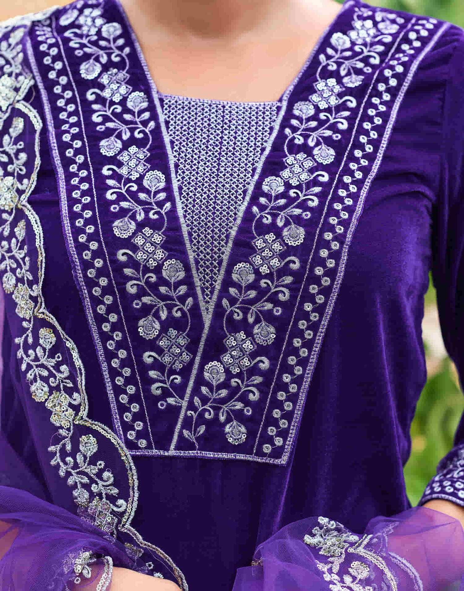 Violet Velvet Sequence Straight Kurta Set with Dupatta