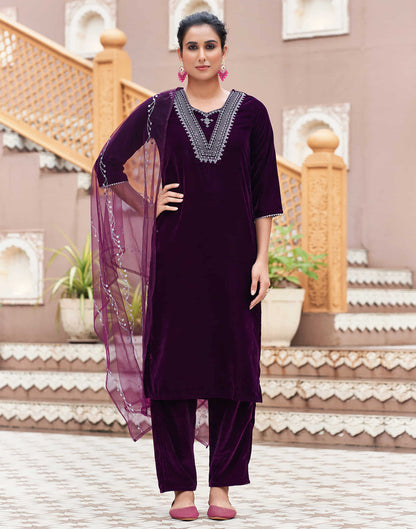 Wine Velvet Sequence Straight Kurta Set with Dupatta