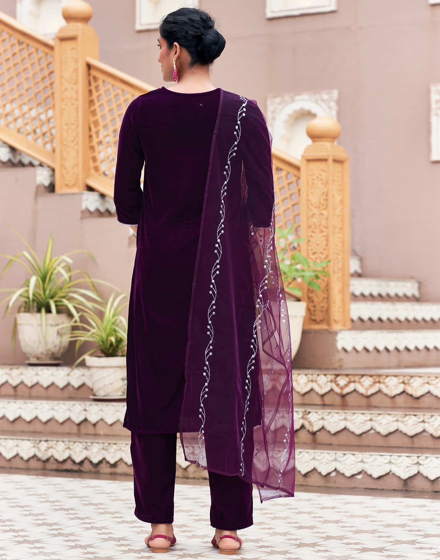 Wine Velvet Sequence Straight Kurta Set with Dupatta