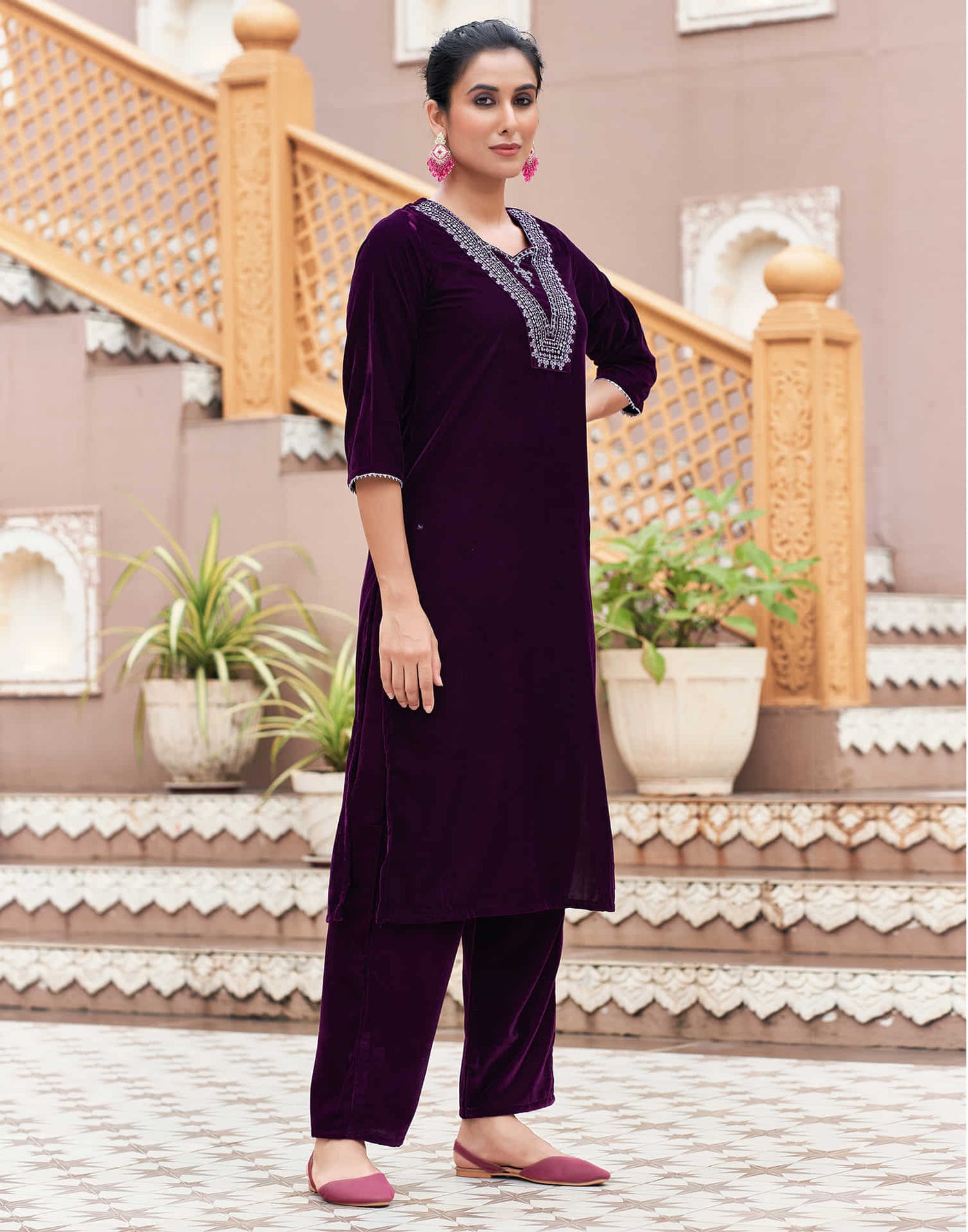 Wine Velvet Sequence Straight Kurta Set with Dupatta