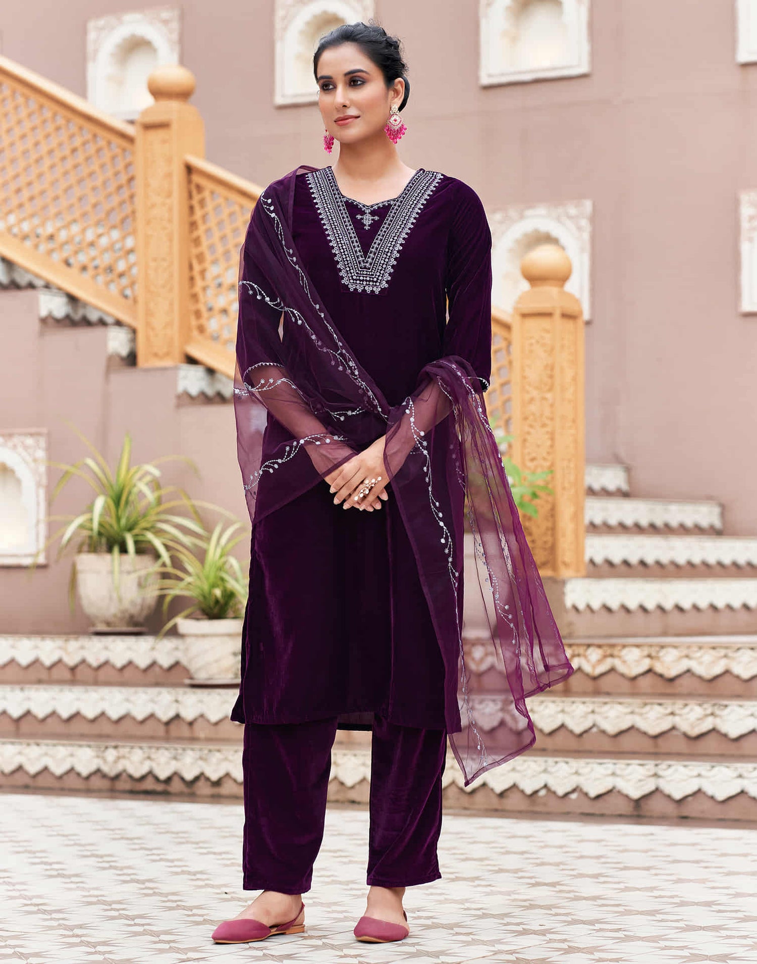 Wine Velvet Sequence Straight Kurta Set with Dupatta