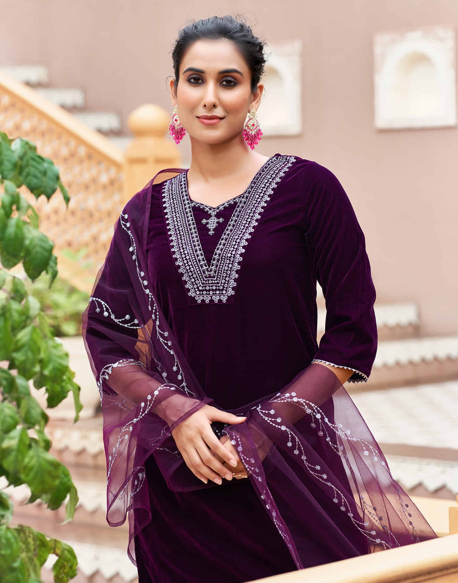 Wine Velvet Sequence Straight Kurta Set with Dupatta