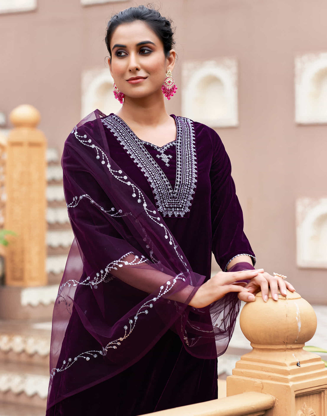 Wine Velvet Sequence Straight Kurta Set with Dupatta