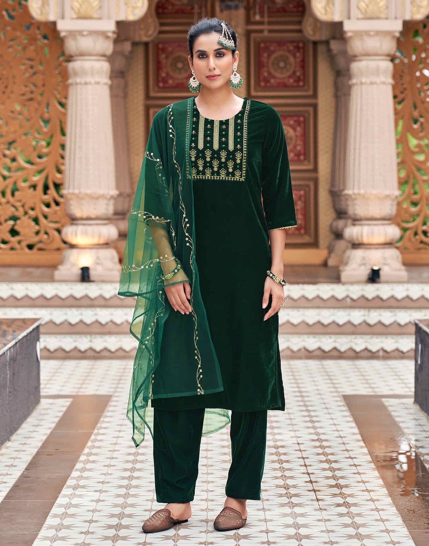 Dark Green Velvet Sequence Straight Kurta Set with Dupatta