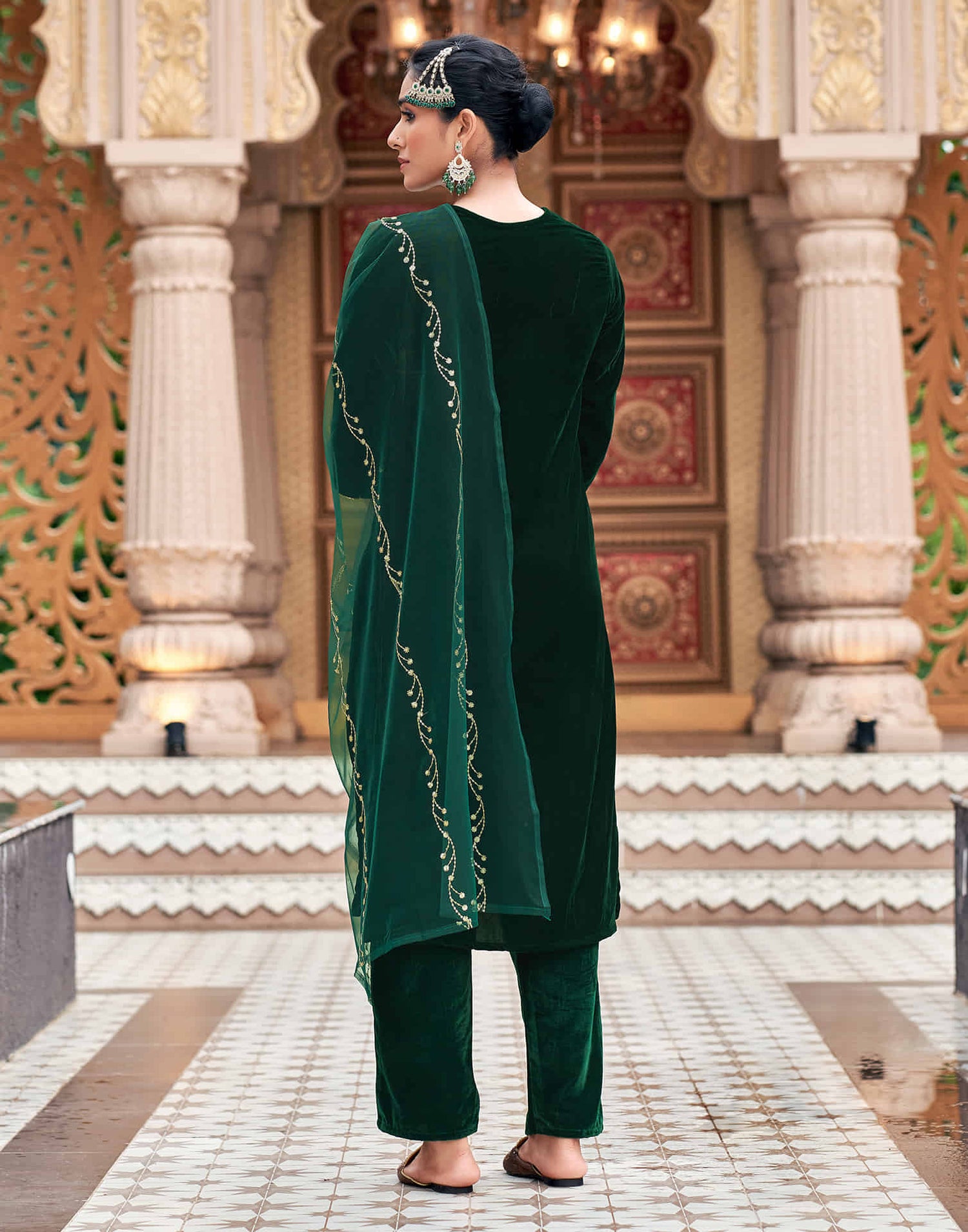 Dark Green Velvet Sequence Straight Kurta Set with Dupatta