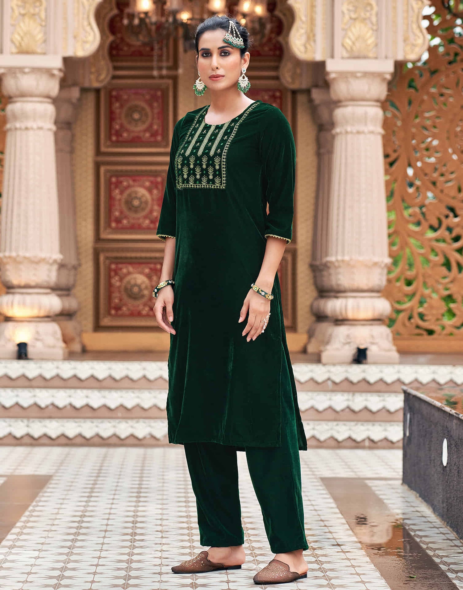 Dark Green Velvet Sequence Straight Kurta Set with Dupatta