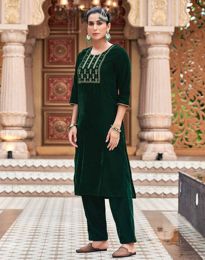 Dark Green Velvet Sequence Straight Kurta Set with Dupatta