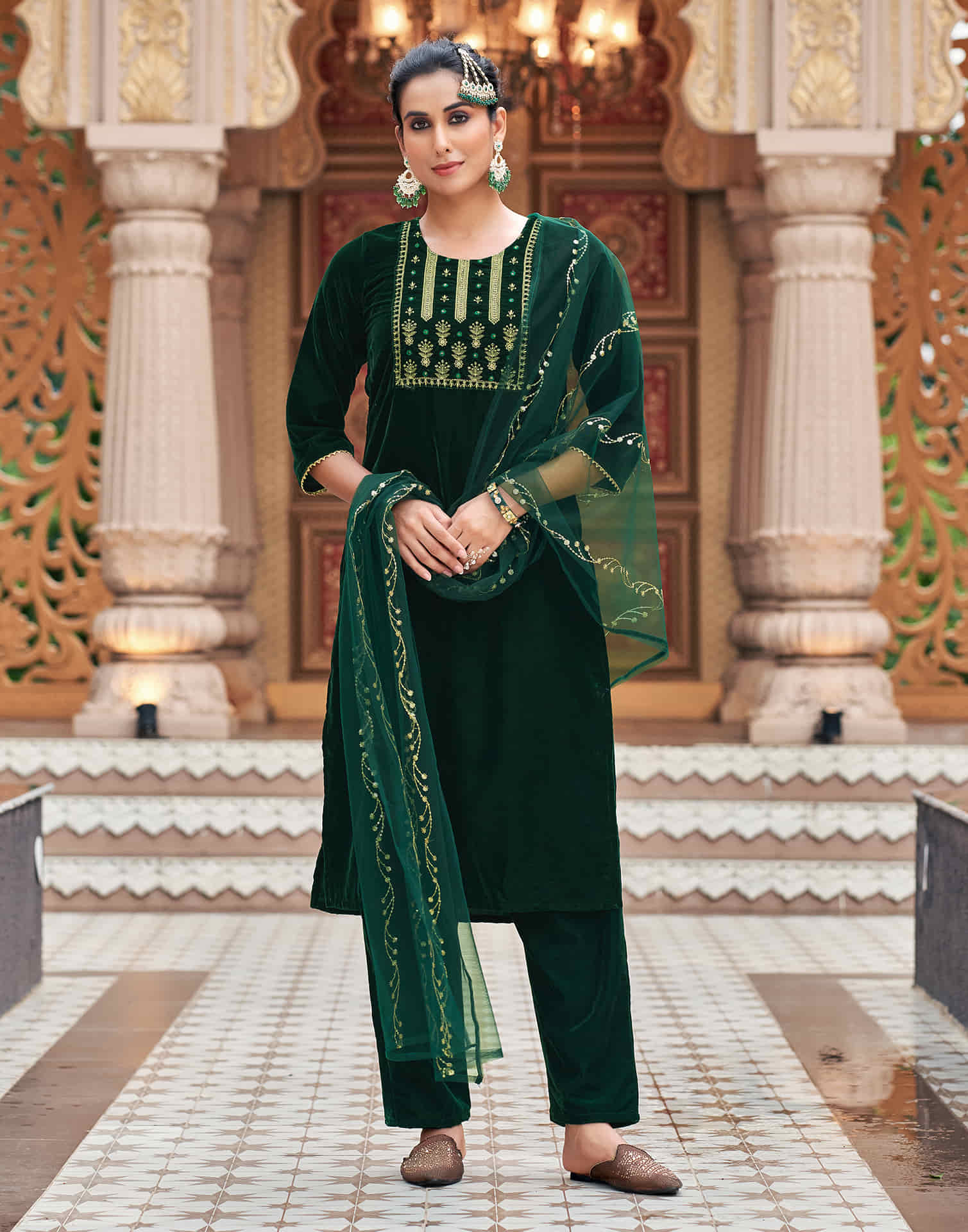 Dark Green Velvet Sequence Straight Kurta Set with Dupatta