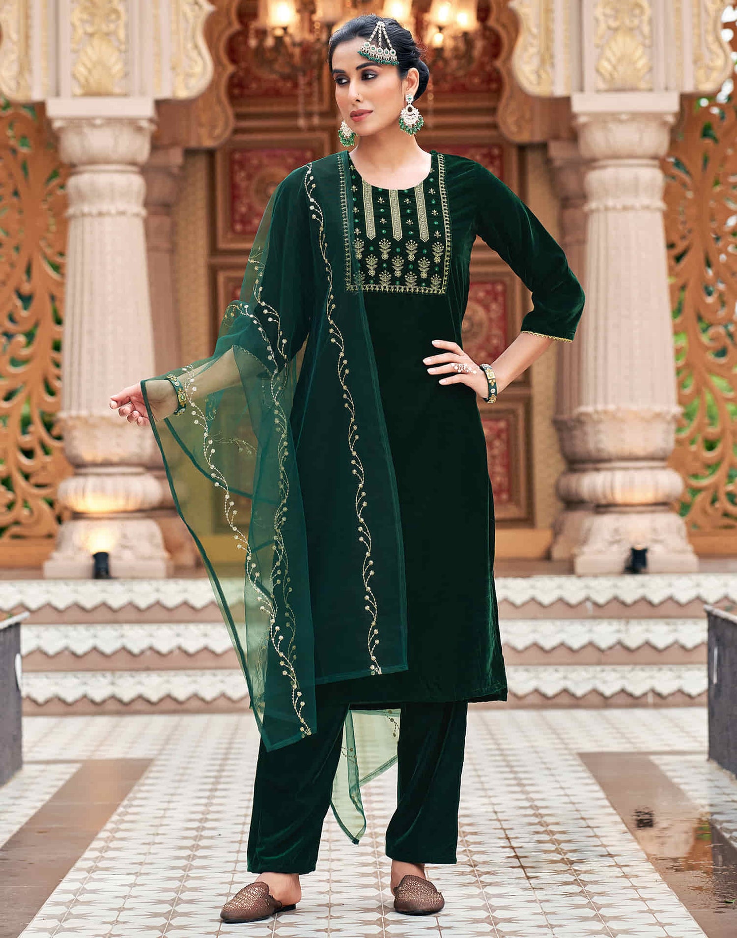 Dark Green Velvet Sequence Straight Kurta Set with Dupatta