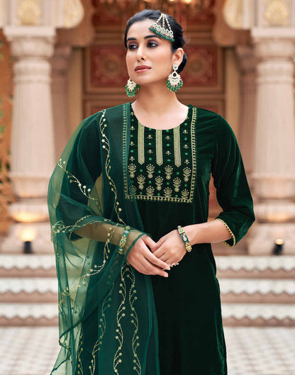 Dark Green Velvet Sequence Straight Kurta Set with Dupatta