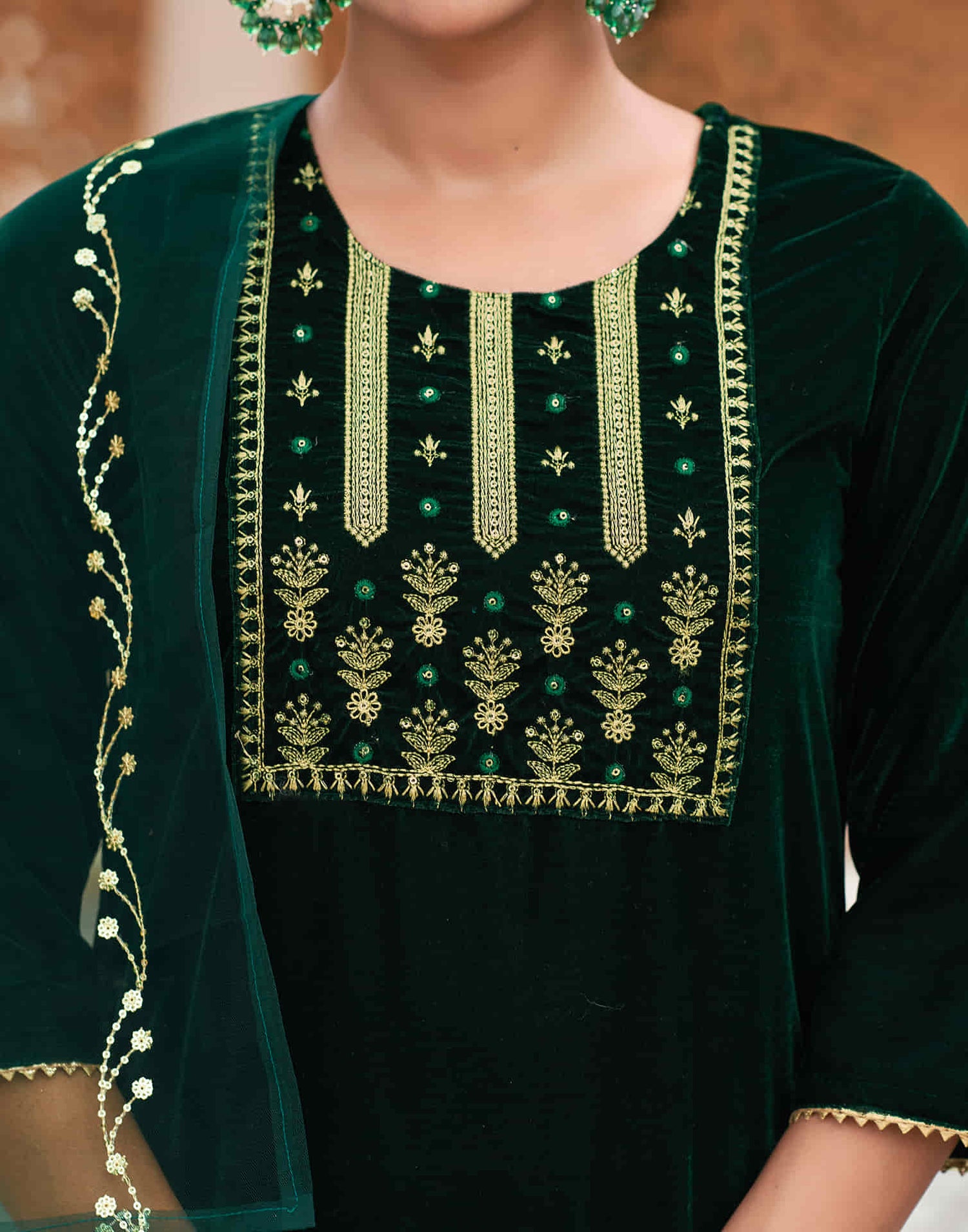 Dark Green Velvet Sequence Straight Kurta Set with Dupatta