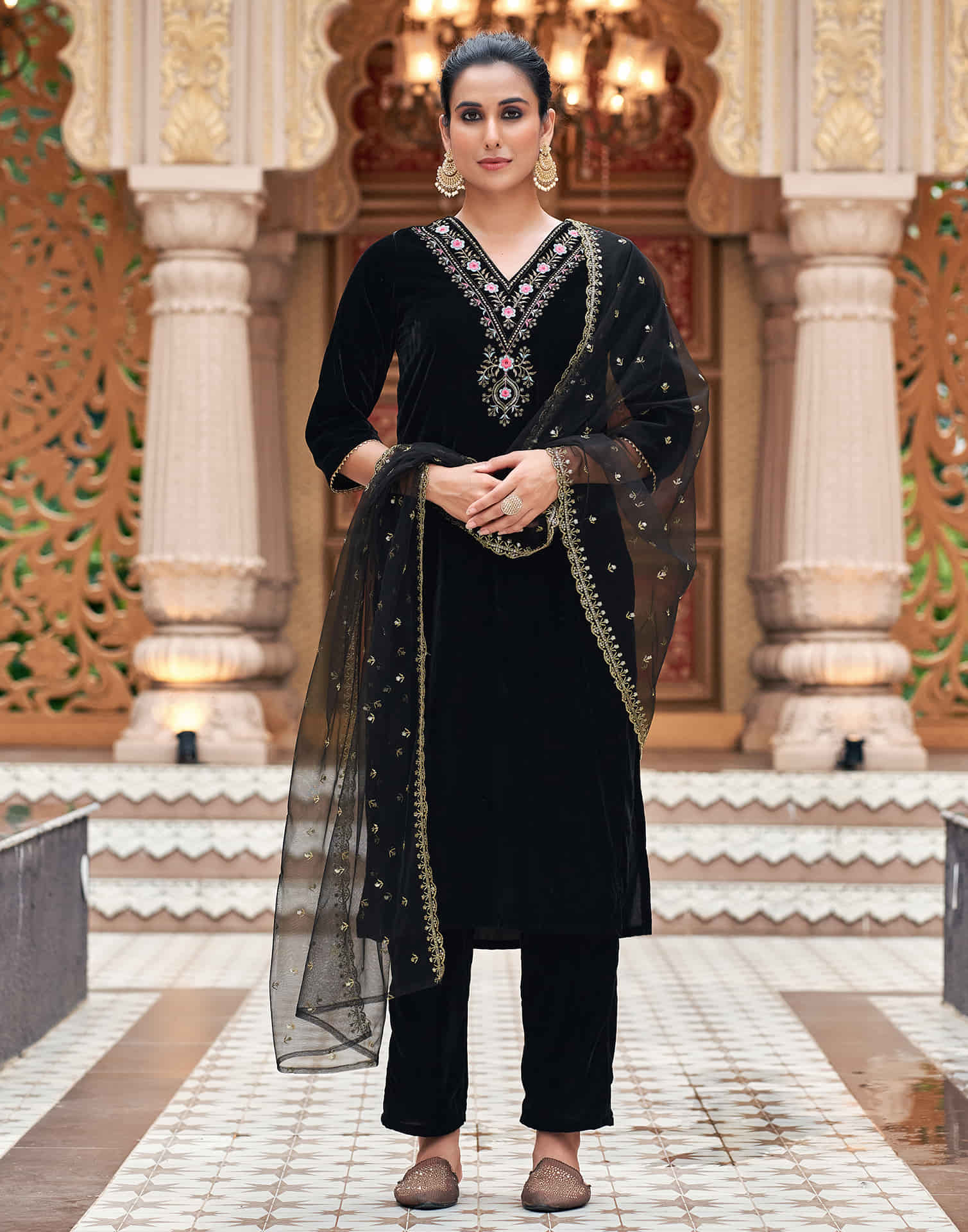 Black Velvet Sequence Straight Kurta Set with Dupatta