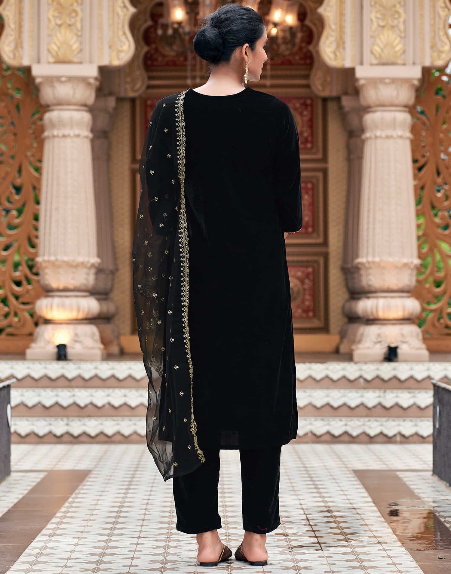 Black Velvet Sequence Straight Kurta Set with Dupatta