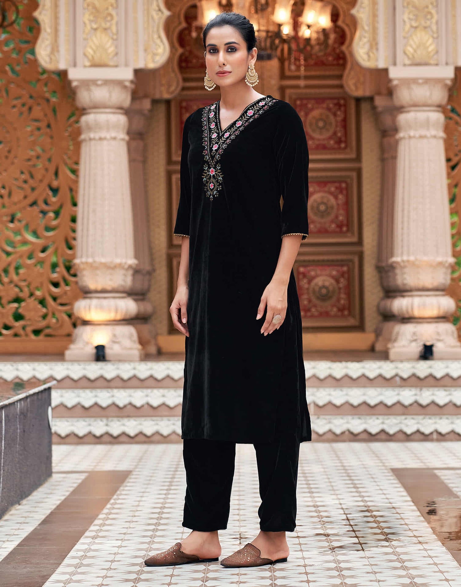 Black Velvet Sequence Straight Kurta Set with Dupatta