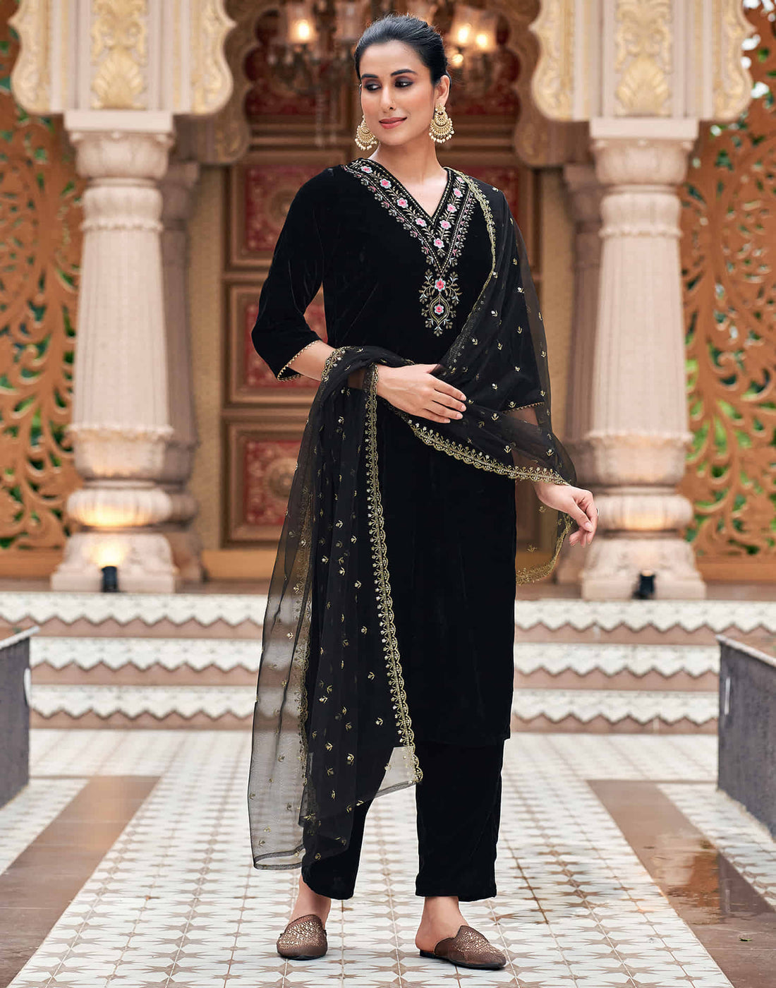 Black Velvet Sequence Straight Kurta Set with Dupatta