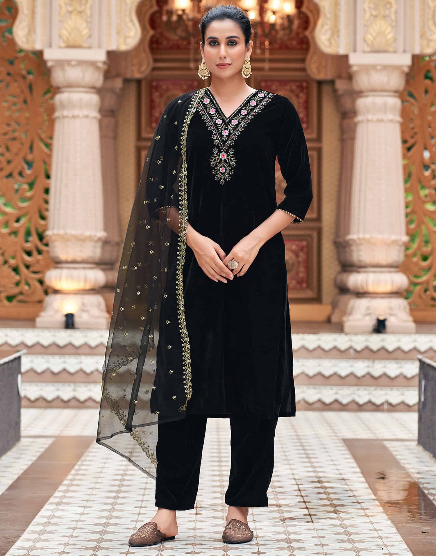 Black Velvet Sequence Straight Kurta Set with Dupatta