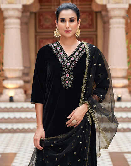 Black Velvet Sequence Straight Kurta Set with Dupatta