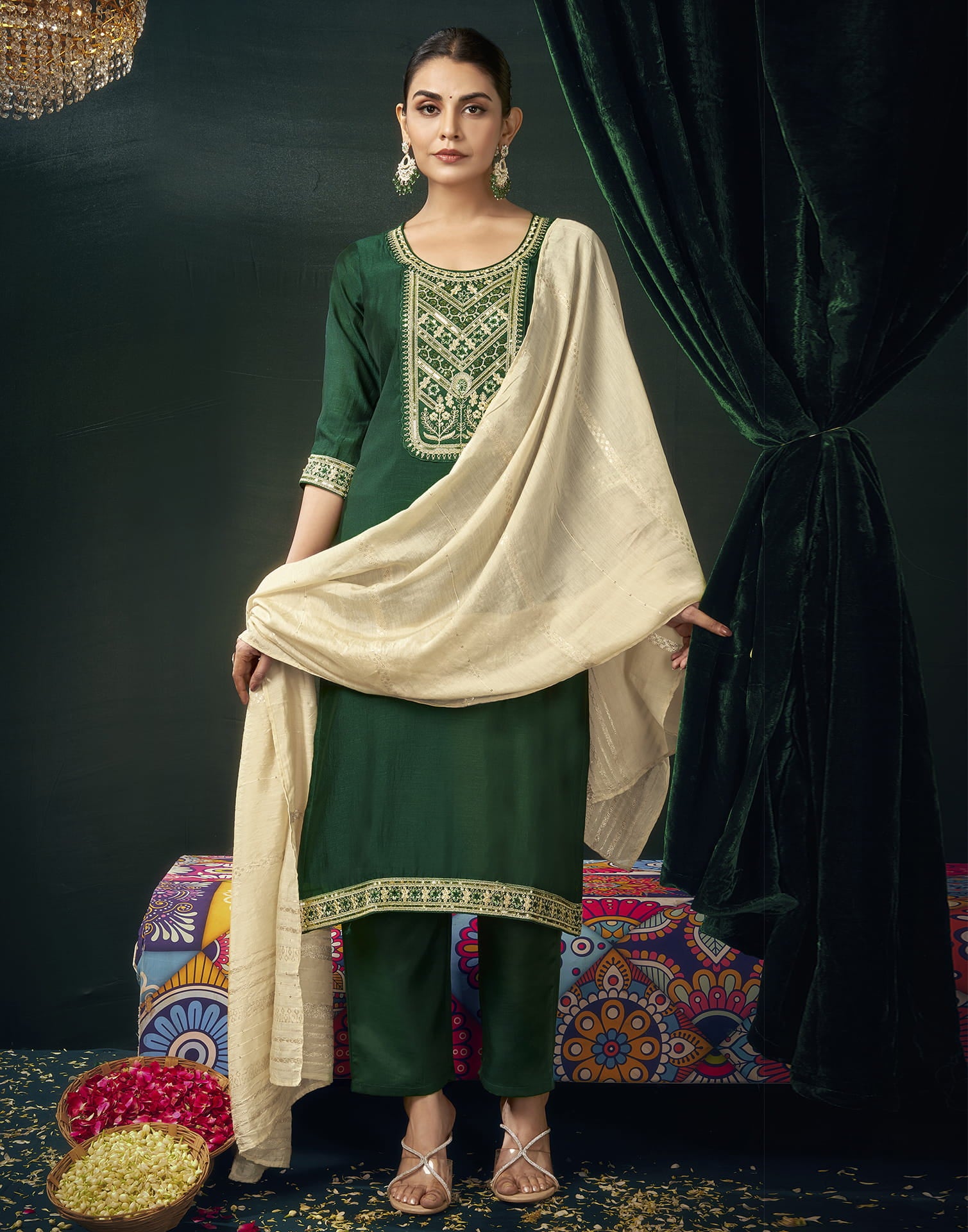 Dark Green Silk Embroidery Straight Kurta Set With Dupatta