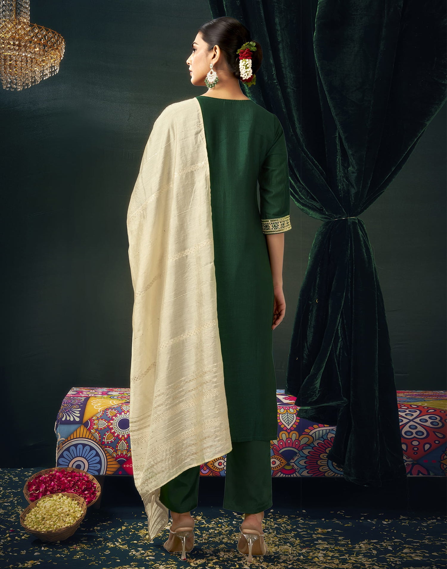 Dark Green Silk Embroidery Straight Kurta Set With Dupatta