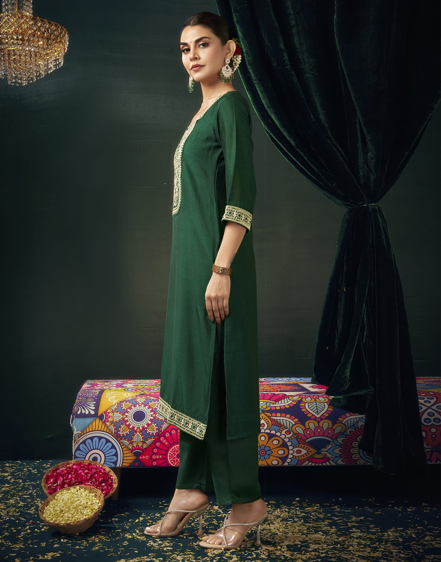 Dark Green Silk Embroidery Straight Kurta Set With Dupatta