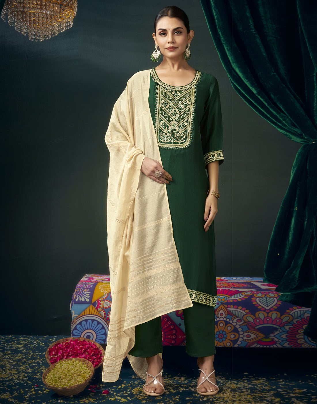 Dark Green Silk Embroidery Straight Kurta Set With Dupatta