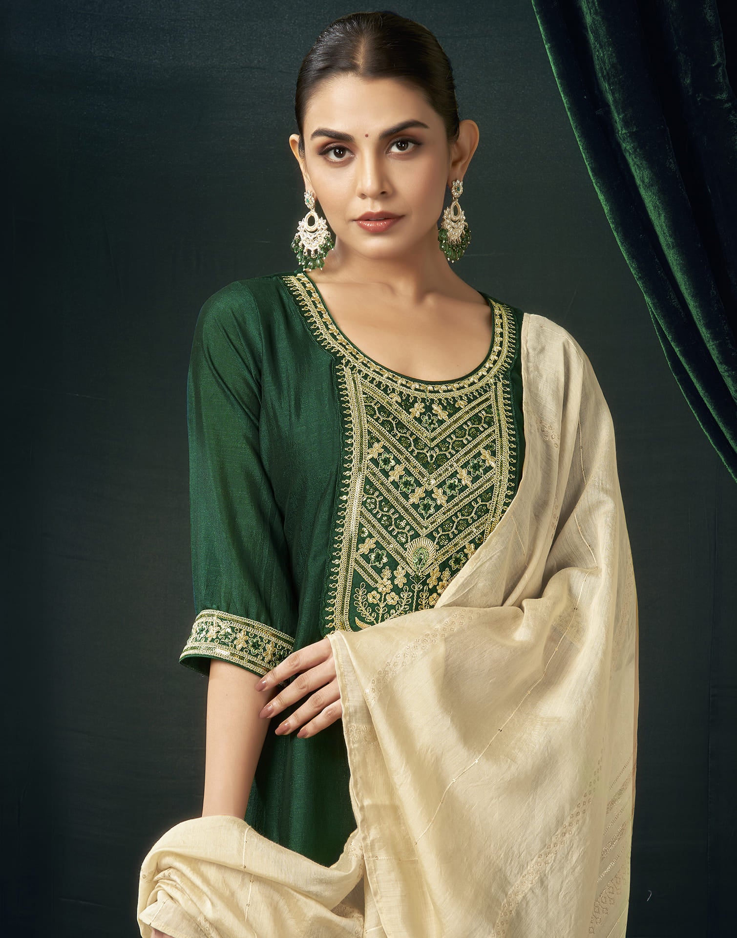 Dark Green Silk Embroidery Straight Kurta Set With Dupatta