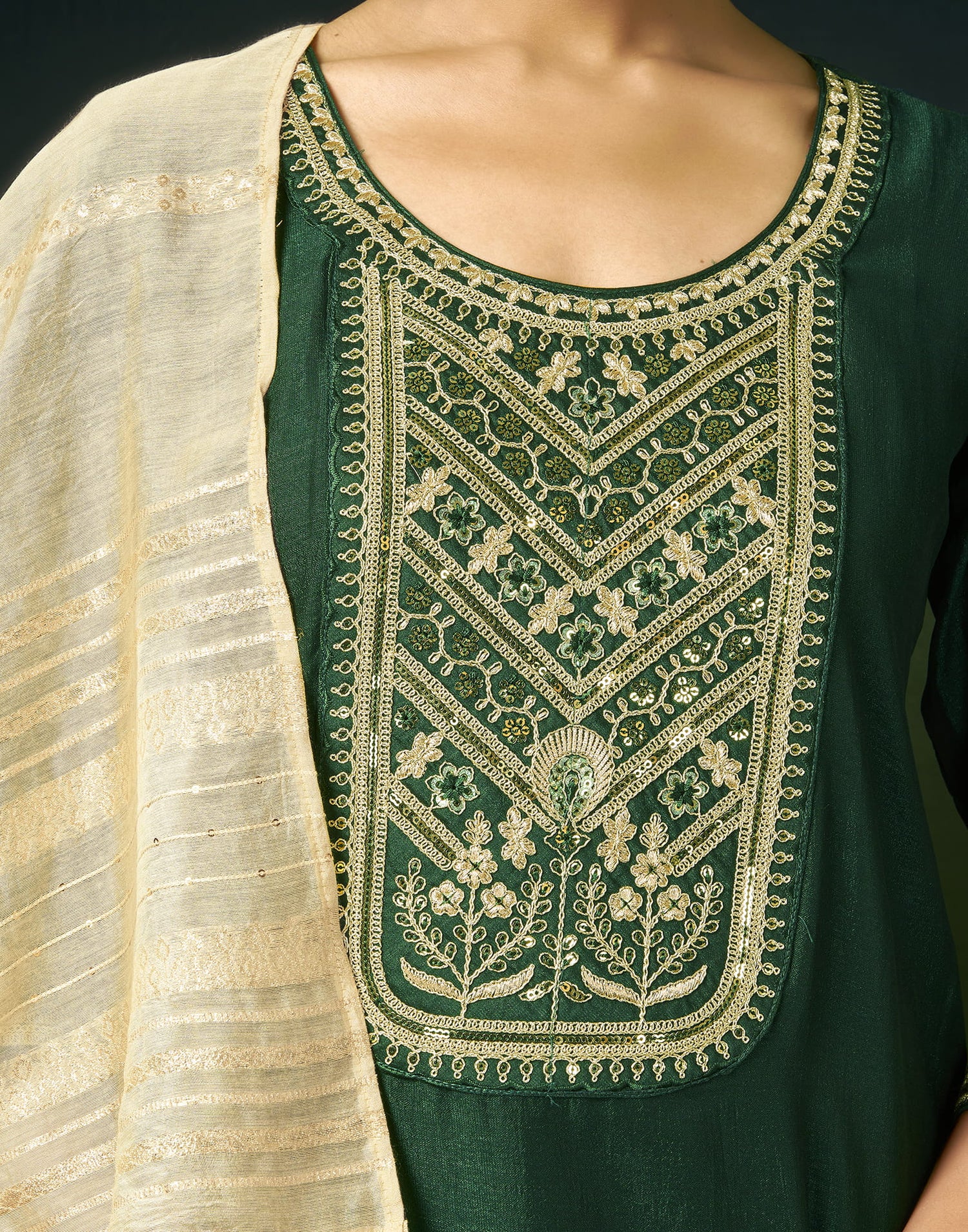 Dark Green Silk Embroidery Straight Kurta Set With Dupatta