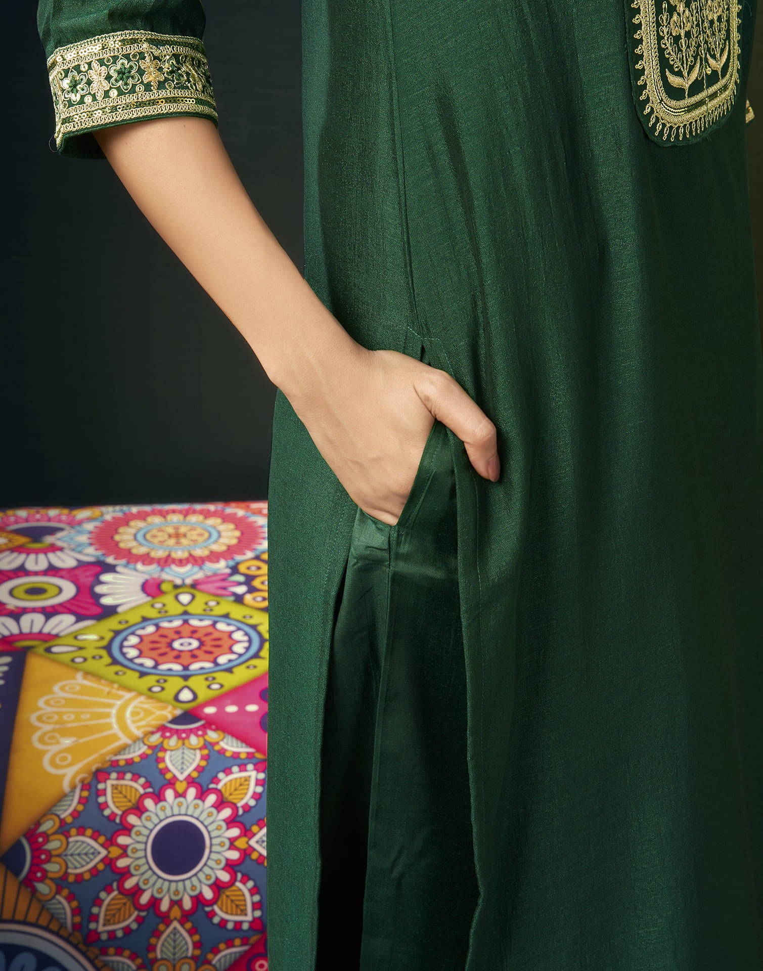 Dark Green Silk Embroidery Straight Kurta Set With Dupatta