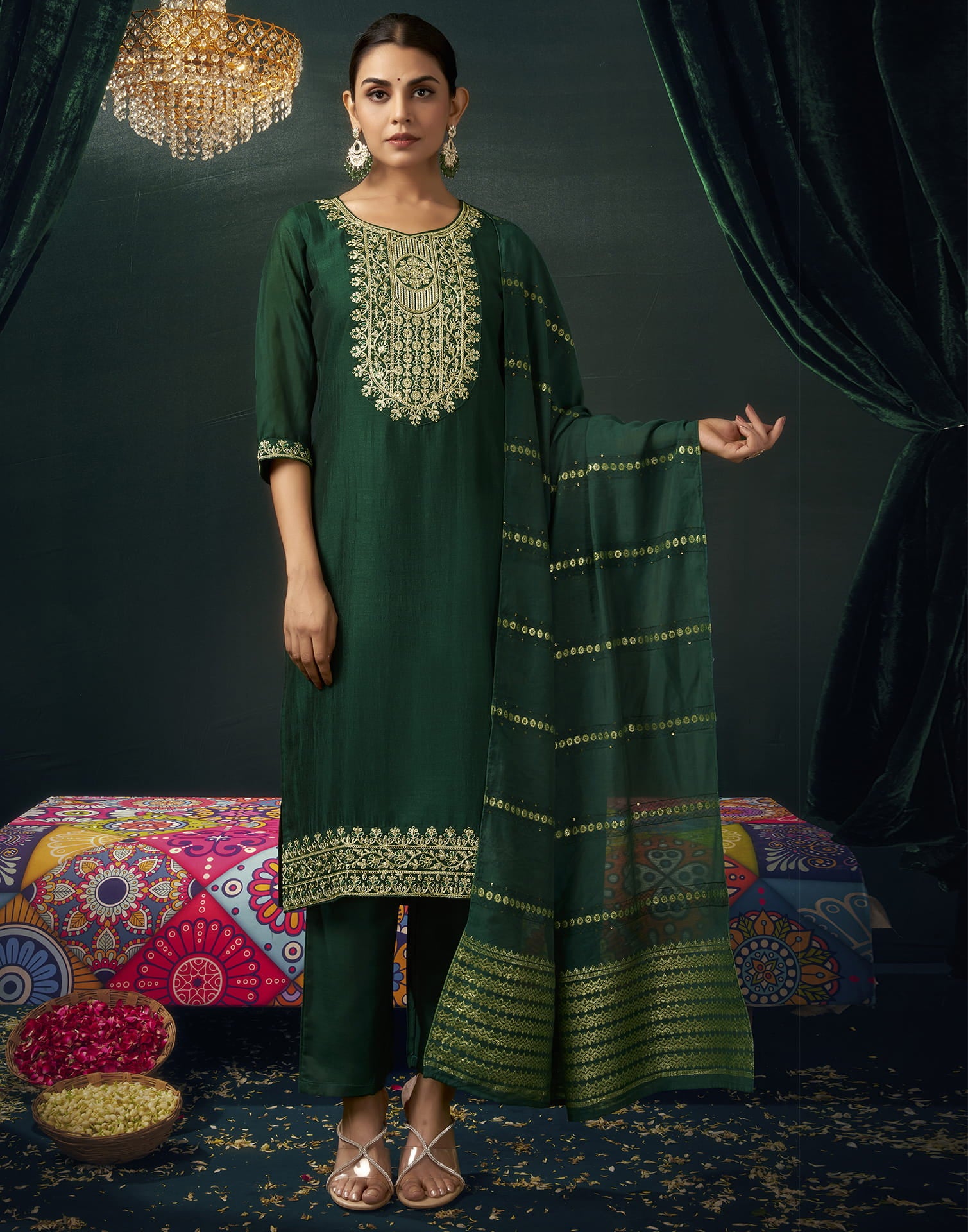 Dark Green Silk Embroidery Straight Kurta Set With Dupatta