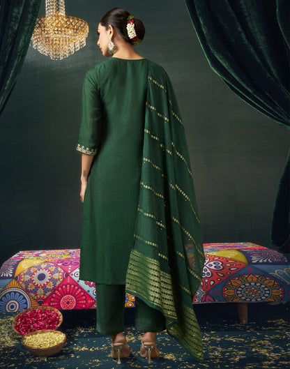 Dark Green Silk Embroidery Straight Kurta Set With Dupatta